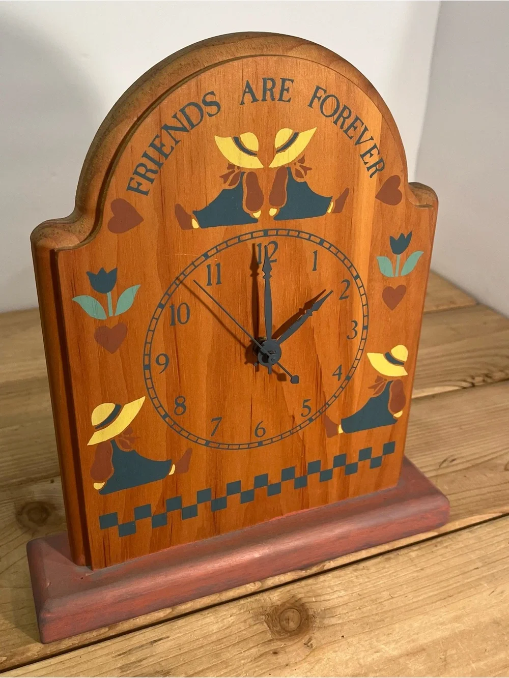 Cottage Core Folk Art Wooden Hearts Vintage Mantel/ Wall Clock Friends Forever
